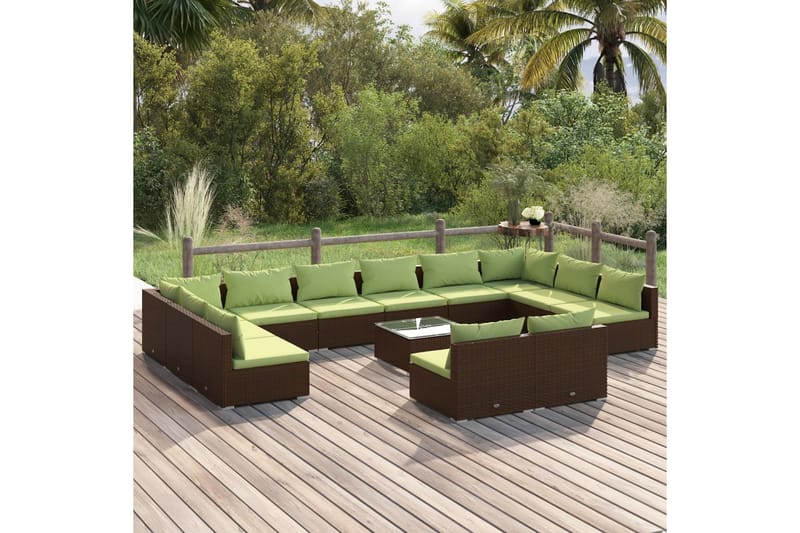 Loungegrupp för trädgården med dynor 13delar konstrotting br - Brun/Grön - Loungeset & loungegrupp - Soffgrupp utomhus