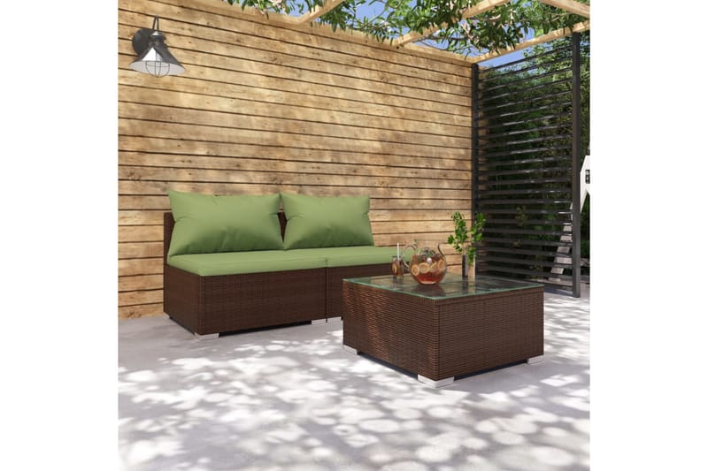 Loungegrupp för trädgården med dynor 3 delar konstrotting br - Brun/Grön - Loungeset & loungegrupp - Soffgrupp utomhus