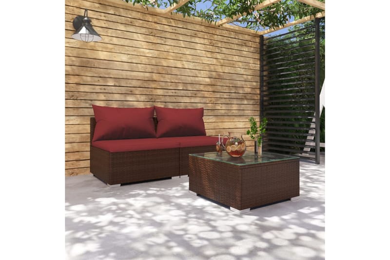Loungegrupp för trädgården med dynor 3 delar konstrotting br - Brun/Röd - Loungeset & loungegrupp - Soffgrupp utomhus