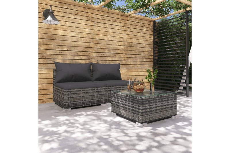 Loungegrupp för trädgården med dynor 3 delar konstrotting gr - Grå - Loungeset & loungegrupp - Soffgrupp utomhus