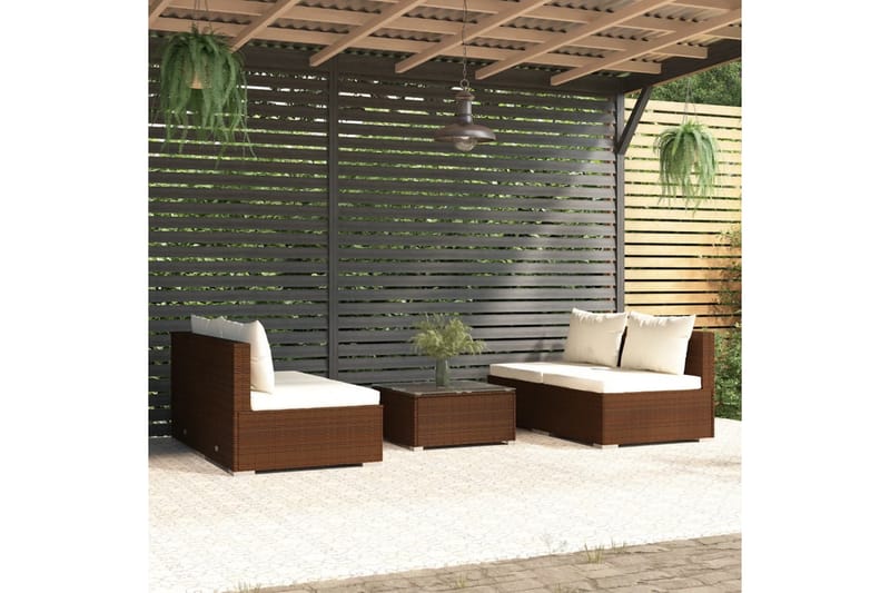 Loungegrupp för trädgården med dynor 5 delar konstrotting br - Brun/Vit - Loungeset & loungegrupp - Soffgrupp utomhus