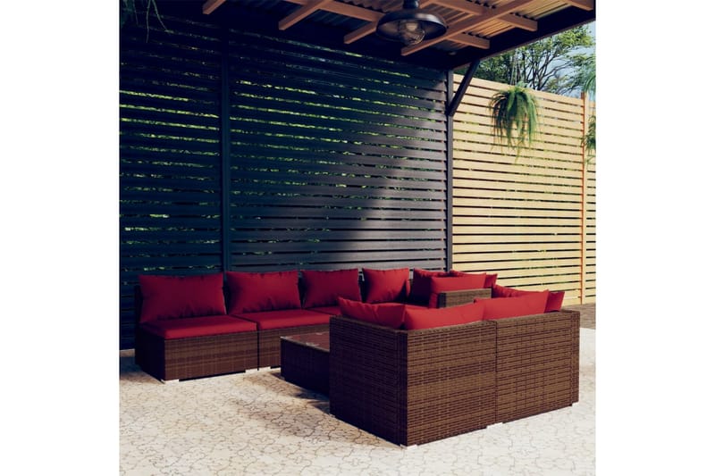 Loungegrupp för trädgården med dynor 8 delar brun konstrotti - Brun/Röd - Loungeset & loungegrupp - Soffgrupp utomhus