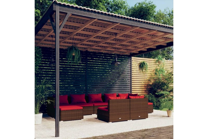 Loungegrupp för trädgården med dynor 9 delar brun konstrotti - Brun/Röd - Loungeset & loungegrupp - Soffgrupp utomhus