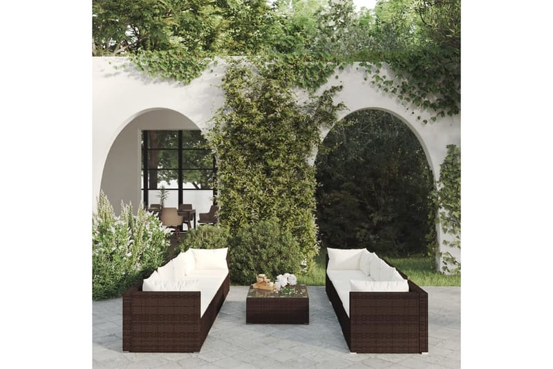 Loungegrupp för trädgården med dynor 9 delar konstrotting br - Brun/Vit - Loungeset & loungegrupp - Soffgrupp utomhus