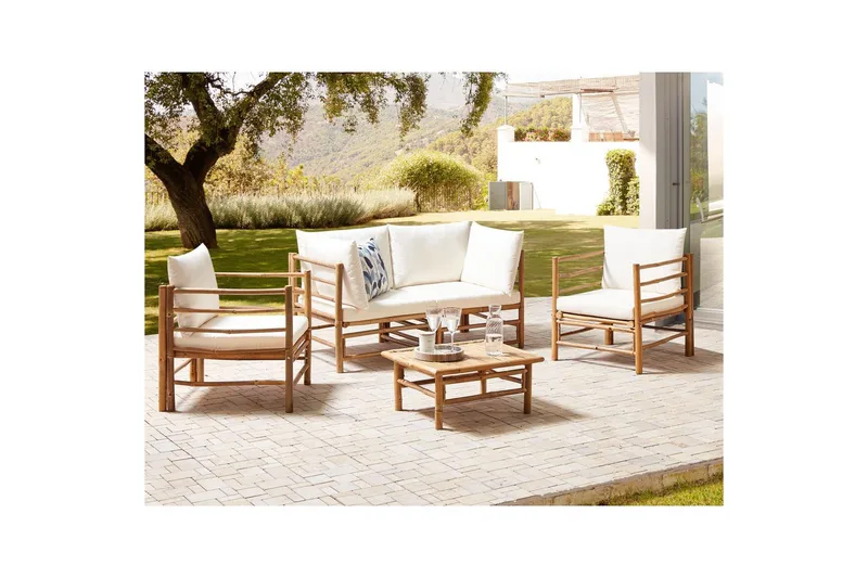 Loungegrupp med bord Cerreto Vit/ljust trä, 4-Sits - Vit/ljust trä, 4-Sits - Utemöbler & utemiljö - Utegrupp - Soffgrupp utomhus