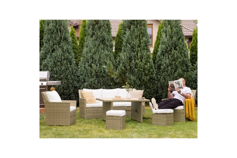 Loungegrupp med bord Fonti Vit/brun - Vit/brun - Utemöbler & utemiljö - Utegrupp - Soffgrupp utomhus