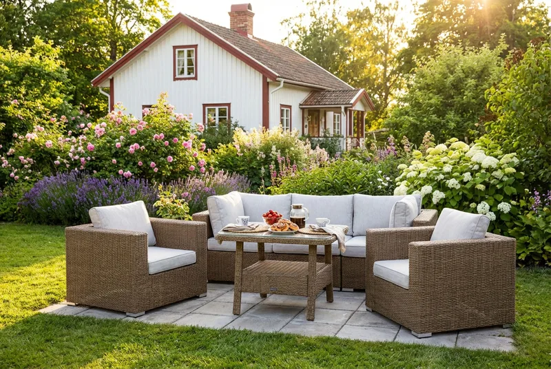 Marcus Loungegrupp utomhus - Soffgrupp till uteplats & balkong 5-sits - Loungeset konstrotting utemöbler - Brun / Vita dynor - Utemöbler & utemiljö - Loungemöbler - Loungeset & loungegrupp