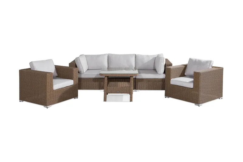 Marcus Loungegrupp utomhus - Soffgrupp till uteplats & balkong 5-sits - Loungeset konstrotting utemöbler, Brun / Vita dynor