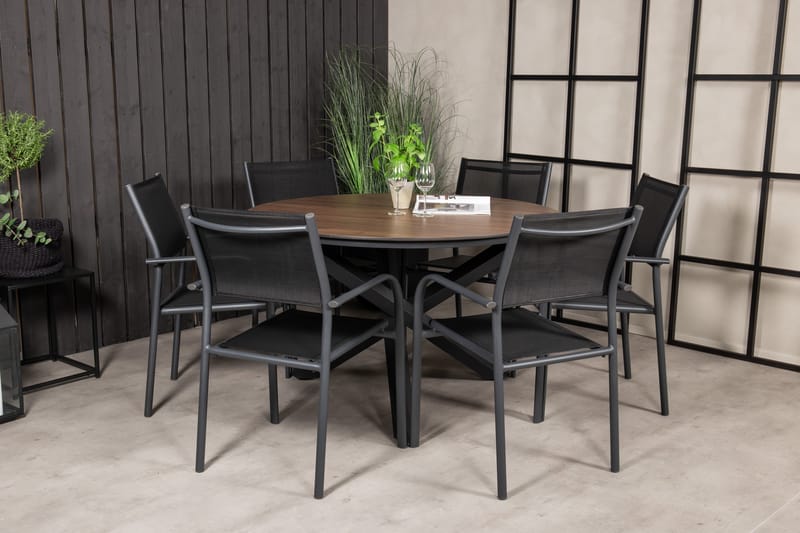 Matgrupp Llama Rund Ø140cm + 6 Santorini Karmstolar Svart/br - Venture Home - Utemöbler & utemiljö - Utegrupp - Matgrupp utomhus