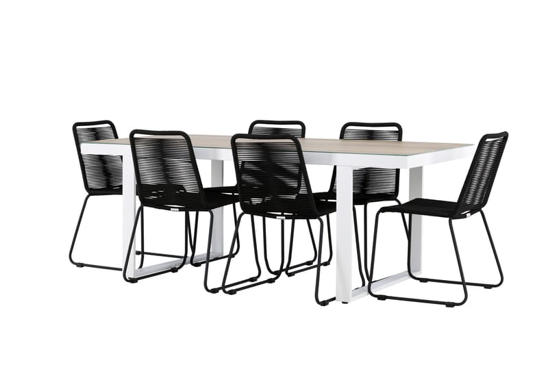 Merlo Matgrupp Utomhus 200 cm + 6 st Linero Matstolar Svart/Vit