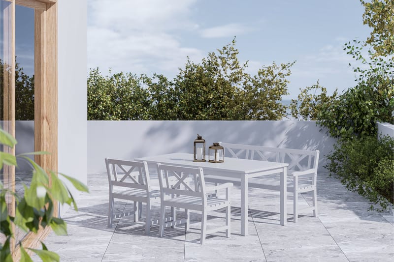 Matgrupp Oaxen 180 cm + 2 Stolar + Bänk Vit/Akacia - KWA - Matgrupp utomhus