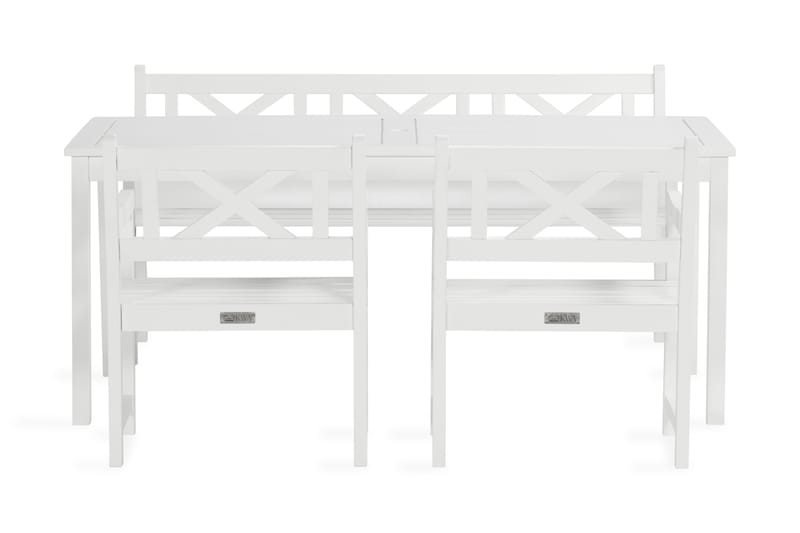 Matgrupp Oaxen 180 cm + 2 Stolar + Bänk Vit/Akacia - KWA - Matgrupp utomhus