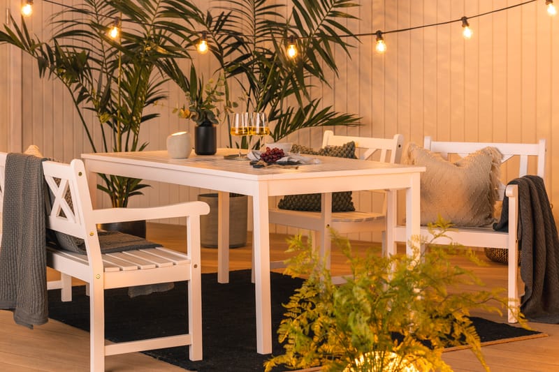 Matgrupp Oaxen 180 cm + 2 Stolar + Bänk Vit/Akacia - KWA - Matgrupp utomhus