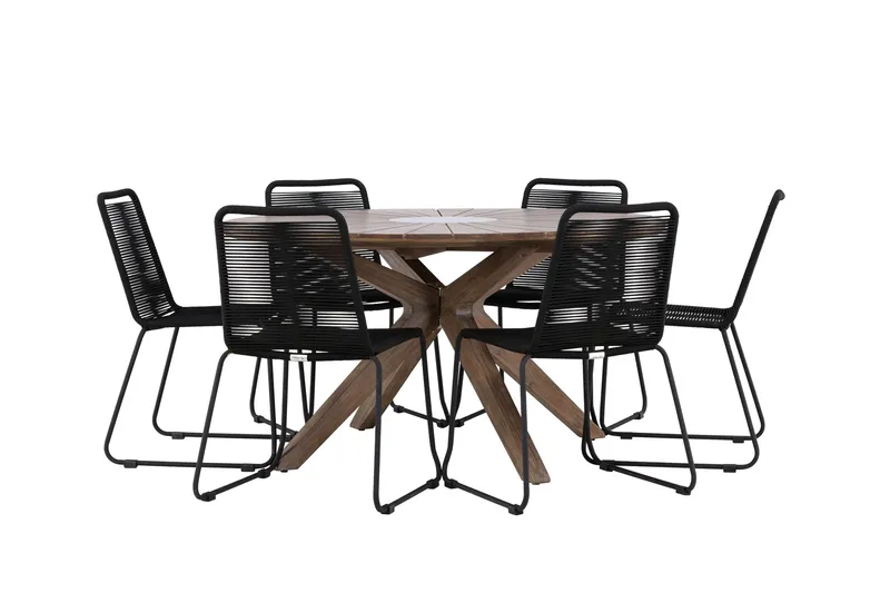 Rosario Matgrupp Rund 140 cm + 6 st Linero Matstolar Svart/Brun - Utemöbler & utemiljö - Utegrupp - Matgrupp utomhus