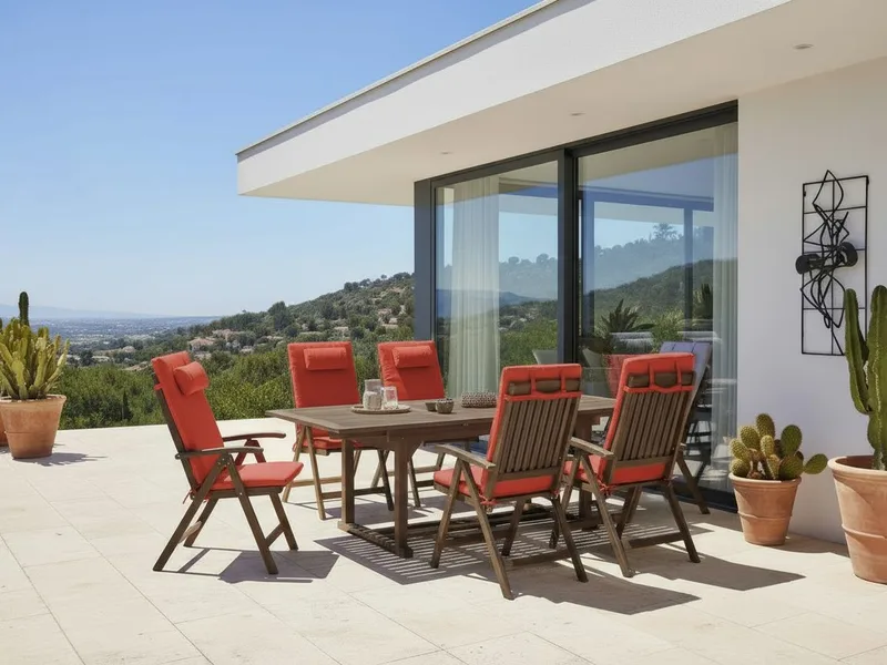 Matgrupp utomhus 6-Sits Amantea Premium Akaciaträ - Brun/Röd - Utemöbler & utemiljö - Utegrupp - Matgrupp utomhus