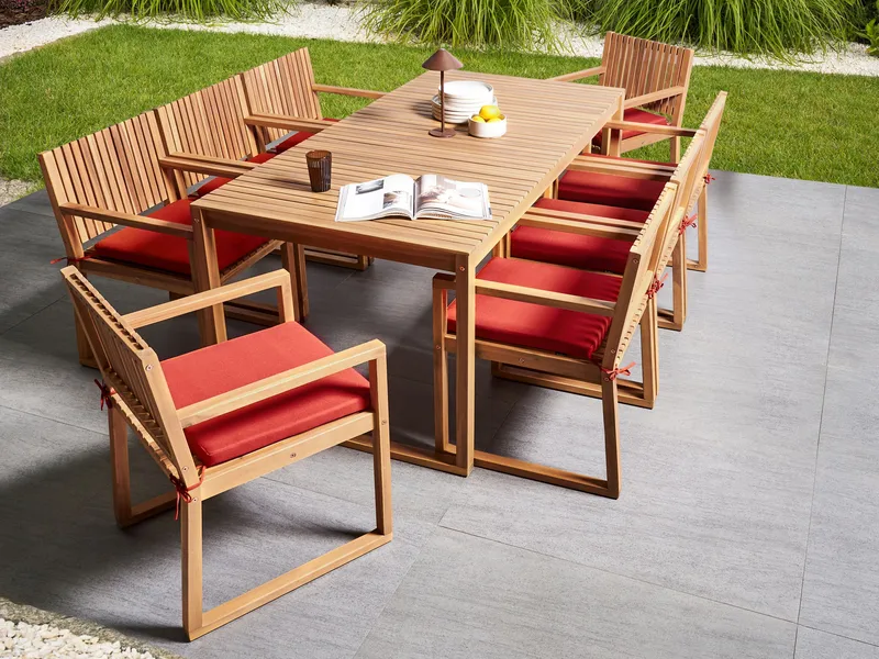 Matgrupp utomhus 8-Sits Sassari Premium med Kuddar Akaciaträ - Brun/Röd - Utemöbler & utemiljö - Utegrupp - Matgrupp utomhus