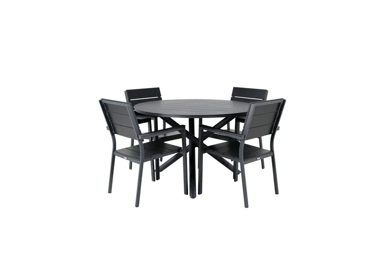 Alma Matgrupp Utomhus Rund Ø120cm + 4 Levels Stapelbara Matstolar, Svart