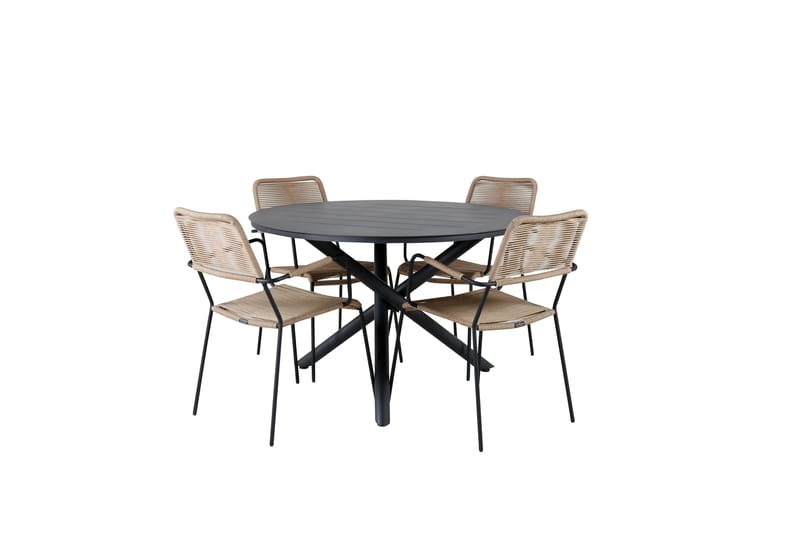 Alma Matgrupp Utomhus Rund Ø120cm + 4 Lindos Karmstolar, Brun/Vit