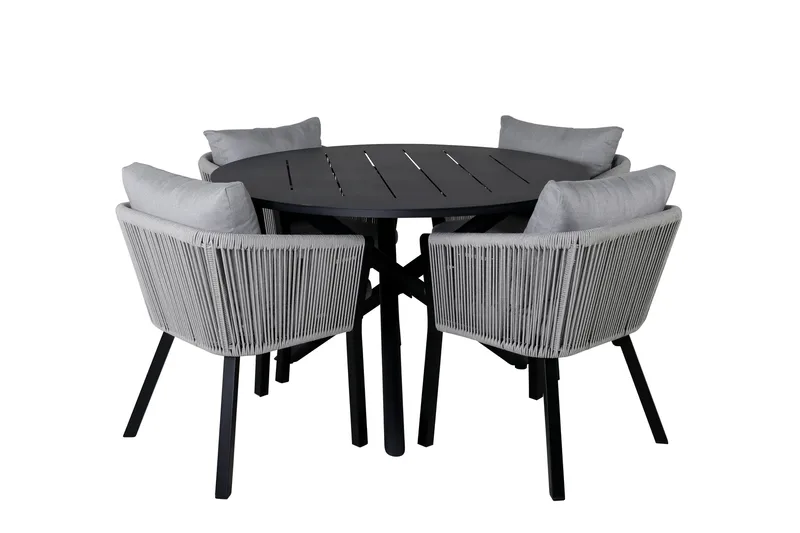 Alma Matgrupp Utomhus Rund Ø120cm + 4 Virya Matstolar, Svart/Grå