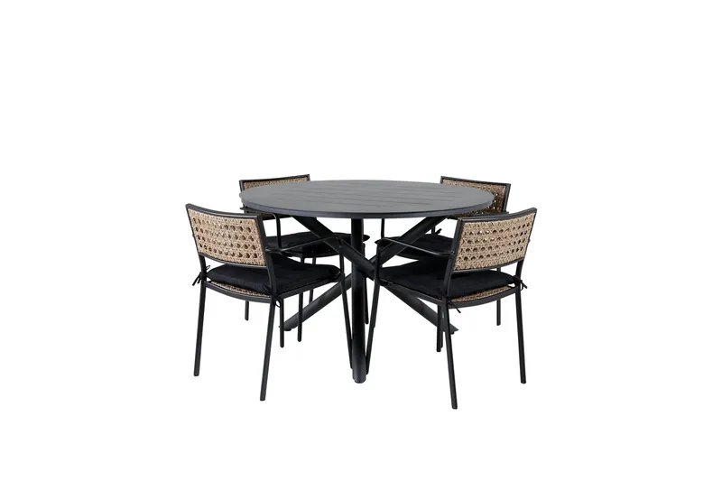 Alma Matgrupp Utomhus Rund Ø120cm + 4 Paola Matstolar, Svart/Natur
