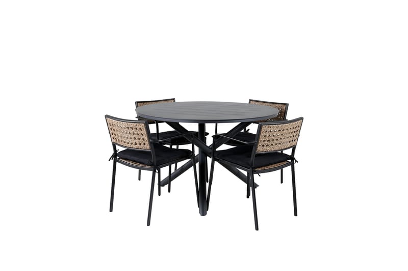 Alma Matgrupp Utomhus Rund Ø120cm + 4 Paola Matstolar, Svart/Natur