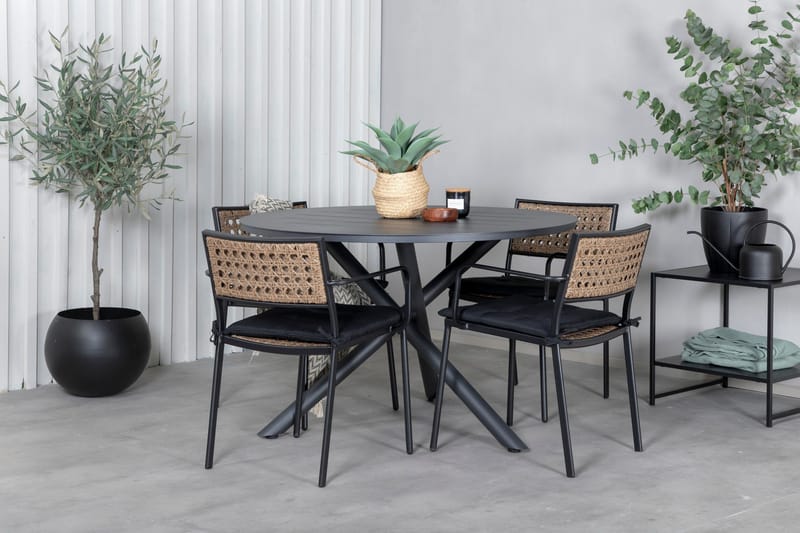 Alma Matgrupp Utomhus Rund Ø120cm + 4 Paola Matstolar - Svart/Natur - Utemöbler & utemiljö - Utegrupp - Matgrupp utomhus