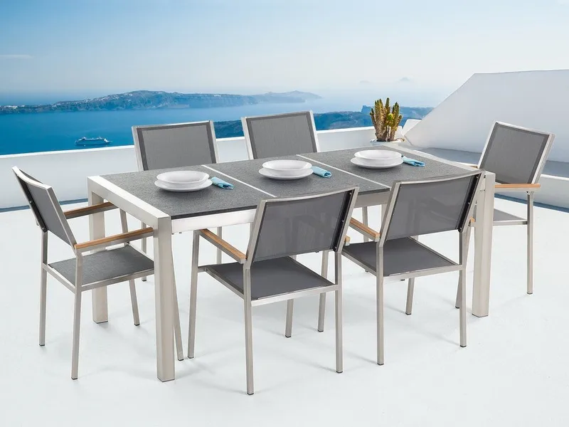 Bacoli Matgrupp Utomhus 180 cm + 6 Utestolar, Grå