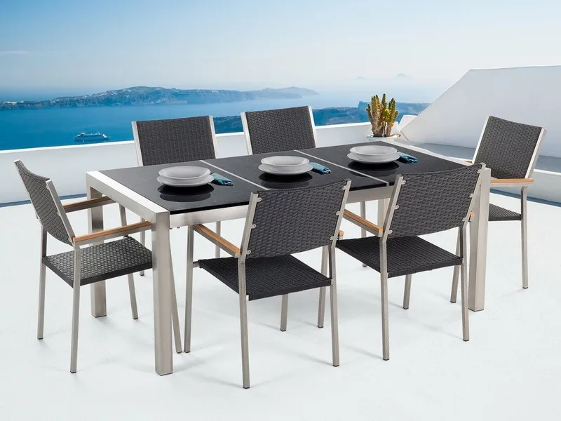 Bacoli Matgrupp Utomhus 180 cm + 6 Utestolar, Svart