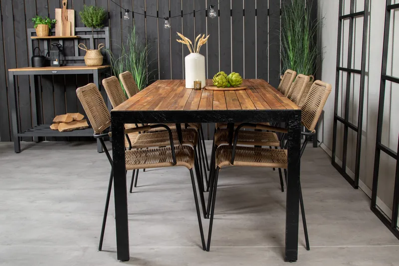 Bois Matgrupp Utomhus 200cm + 6 Lindos Karmstolar, Svart
