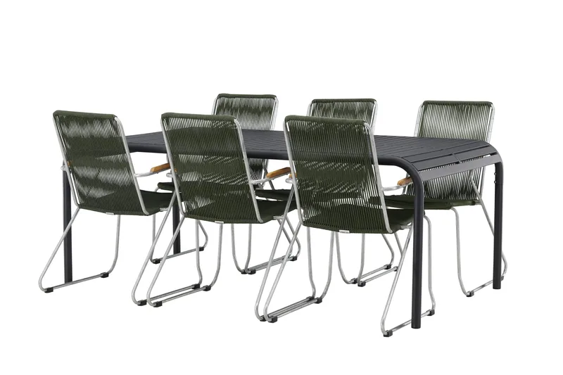 Borneo Matgrupp Utomhus 200 cm + 6 st Bois Karmstolar, Grön/Svart