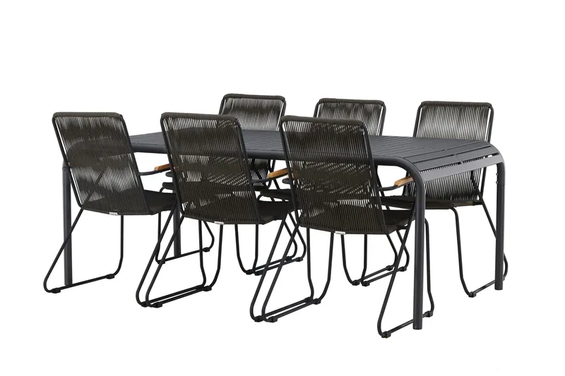 Borneo Matgrupp Utomhus 200 cm + 6 st Bois Karmstolar, Svart