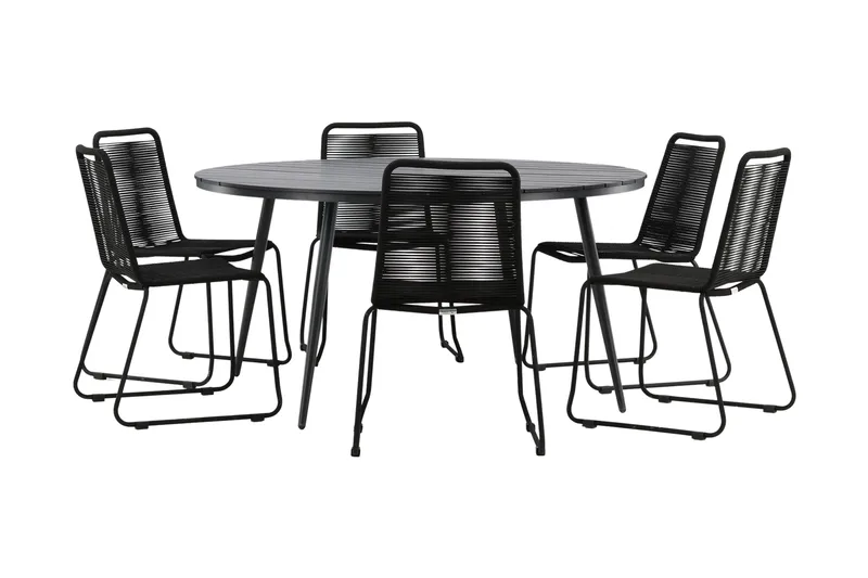 Break Matgrupp Utomhus Rund Ø150cm + 6 Lindos Stapelbara Matstolar - Svart - Utemöbler & utemiljö - Utegrupp - Matgrupp utomhus