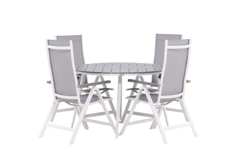 Break Matgrupp Utomhus Rund 120 cm + 4 Albany Postitionsstol, Vit/Grå