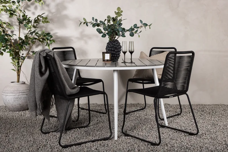 Break Matgrupp Utomhus Rund 120 cm + 4 Lindos Stapelbar Stol - Svart/Grå - Utemöbler & utemiljö - Utegrupp - Matgrupp utomhus