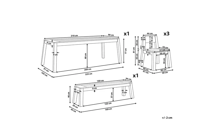 Coteto Matgrupp Utomhus 225 cm + 3 Utestolar + Bänk Utomhus - Akacia - Utemöbler & utemiljö - Utegrupp - Matgrupp utomhus