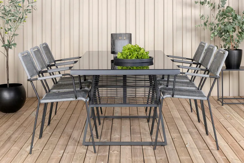 Dallas Matgrupp Utomhus 193cm + 6 Lindos Karmstolar - Svart/Grå - Utemöbler & utemiljö - Utegrupp - Matgrupp utomhus