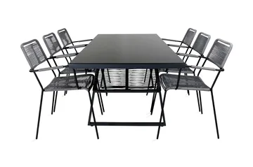 Dallas Matgrupp Utomhus 193cm + 6 Lindos Karmstolar - Svart/Grå - Utemöbler & utemiljö - Utegrupp - Matgrupp utomhus