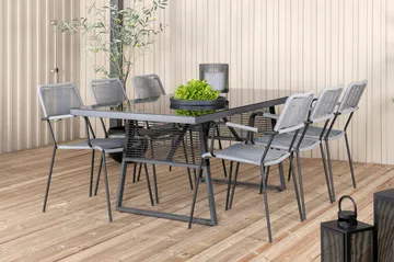 Dallas Matgrupp Utomhus 193cm + 6 Lindos Karmstolar - Svart/Grå - Utemöbler & utemiljö - Utegrupp - Matgrupp utomhus