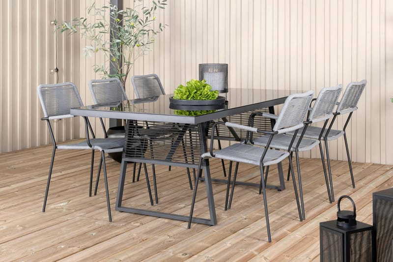 Dallas Matgrupp Utomhus 193cm + 6 Lindos Karmstolar - Svart/Grå - Utemöbler & utemiljö - Utegrupp - Matgrupp utomhus
