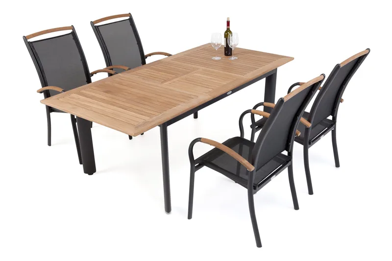 Hillerstorp Nydala Matgrupp 96x150-200 + 4 Karmstolar - Teak/Svart - Utemöbler & utemiljö - Utegrupp - Matgrupp utomhus