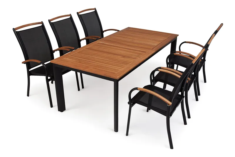 Hillerstorp Nydala Matgrupp 96x150-200 + 6 Karmstolar, Teak/Svart