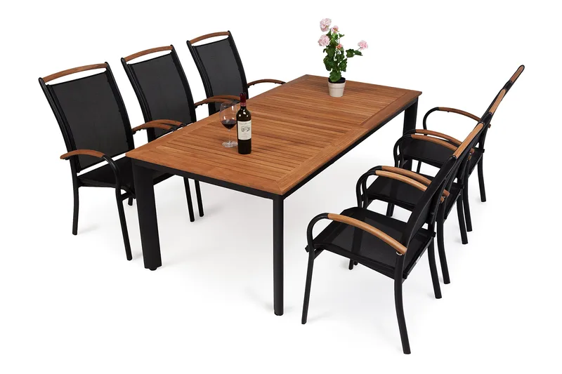 Hillerstorp Nydala Matgrupp 96x150-200 + 6 Karmstolar - Teak/Svart - Utemöbler & utemiljö - Utegrupp - Matgrupp utomhus