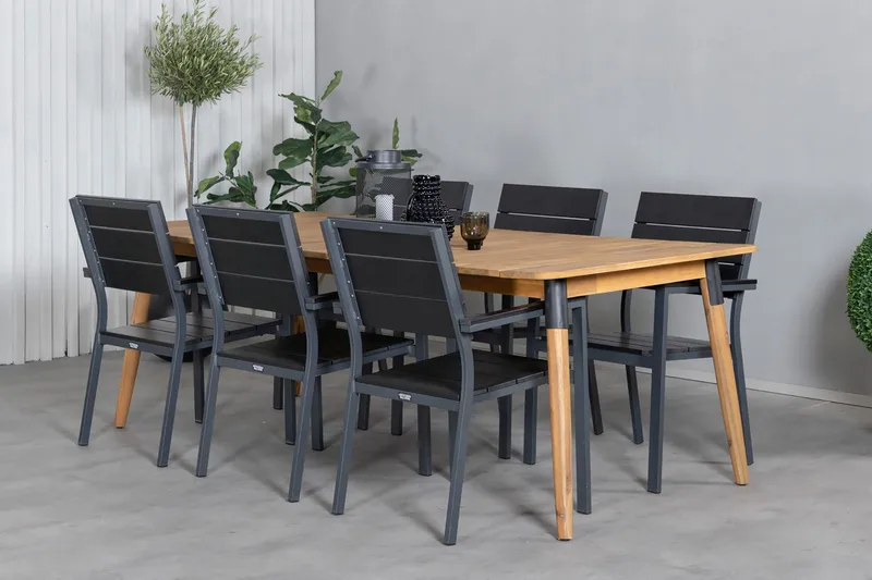 Julian Matgrupp 210cm + 6 Levels Stapelbara Matstolar Svart/ - Svart/Brun - Utemöbler & utemiljö - Utegrupp - Matgrupp utomhus