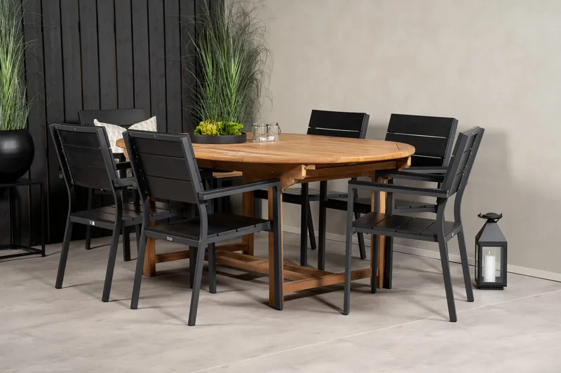 Kenya Matgrupp 180-240x120 cm + 6 Levels Stapelbar Stol - Svart/Brun - Utemöbler & utemiljö - Utegrupp - Matgrupp utomhus