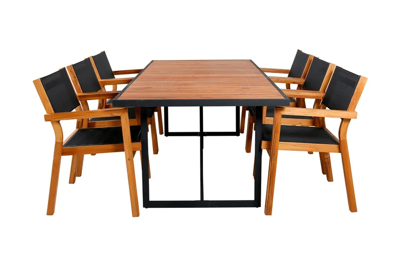 Khung Matgrupp Utomhus 200cm + 6 Venice Stapelbara Matstolar, Svart