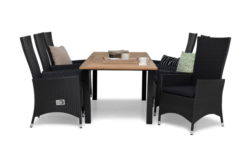 Las Vegas Matgrupp Utomhus 152-210 + 6 Jenny Ställbar Fåtölj, Inkl Dyna Teak/Svart/Grå