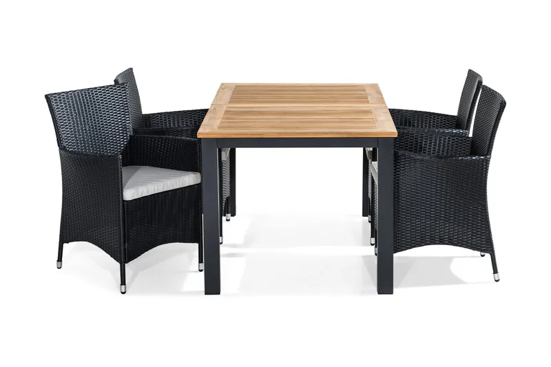 Las Vegas Matgrupp Utomhus 152-210x90 + 4 Thor Fåtölj m Dyna, Teak/Svart/Grå