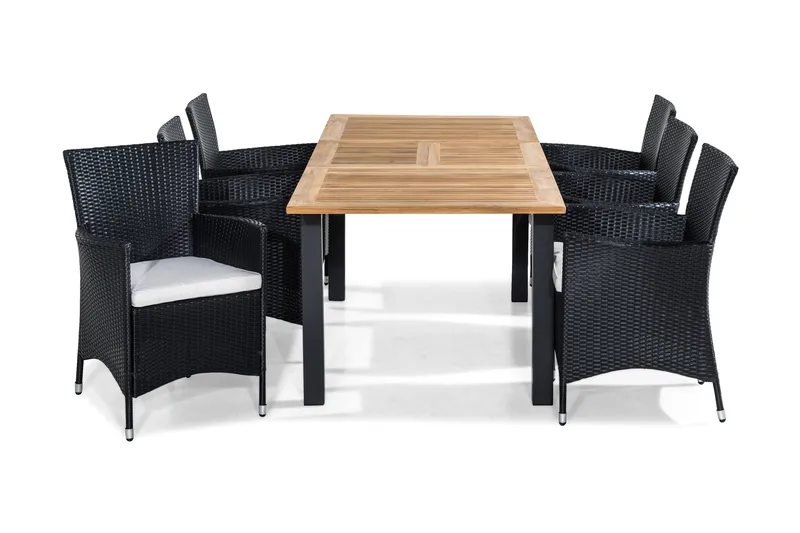 Las Vegas Matgrupp Utomhus 152-210x90 + 6 Thor Fåtölj m Dyna, Teak/Svart/Grå