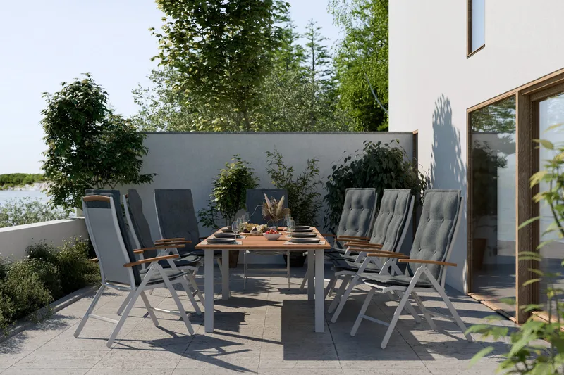 Las Vegas Matgrupp Utomhus 220-280 + 8 Positionsstol Lyx m Dyna - Vit/Teak/Vit/Teak/Grå - Utemöbler & utemiljö - Utegrupp - Matgrupp utomhus