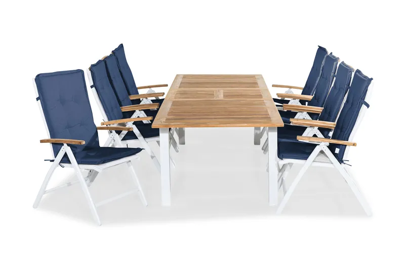 Las Vegas Matgrupp Utomhus 220-280x100+ 8 Las Vegas Lyx Stol m Dyna, Vit/Teak/Blå